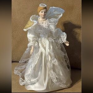 Vintage Angel tree topper/decoration. 10 in high. Lace & pearl embellishments.